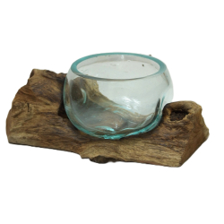 Świecznik szklany w drewnie Hand Made